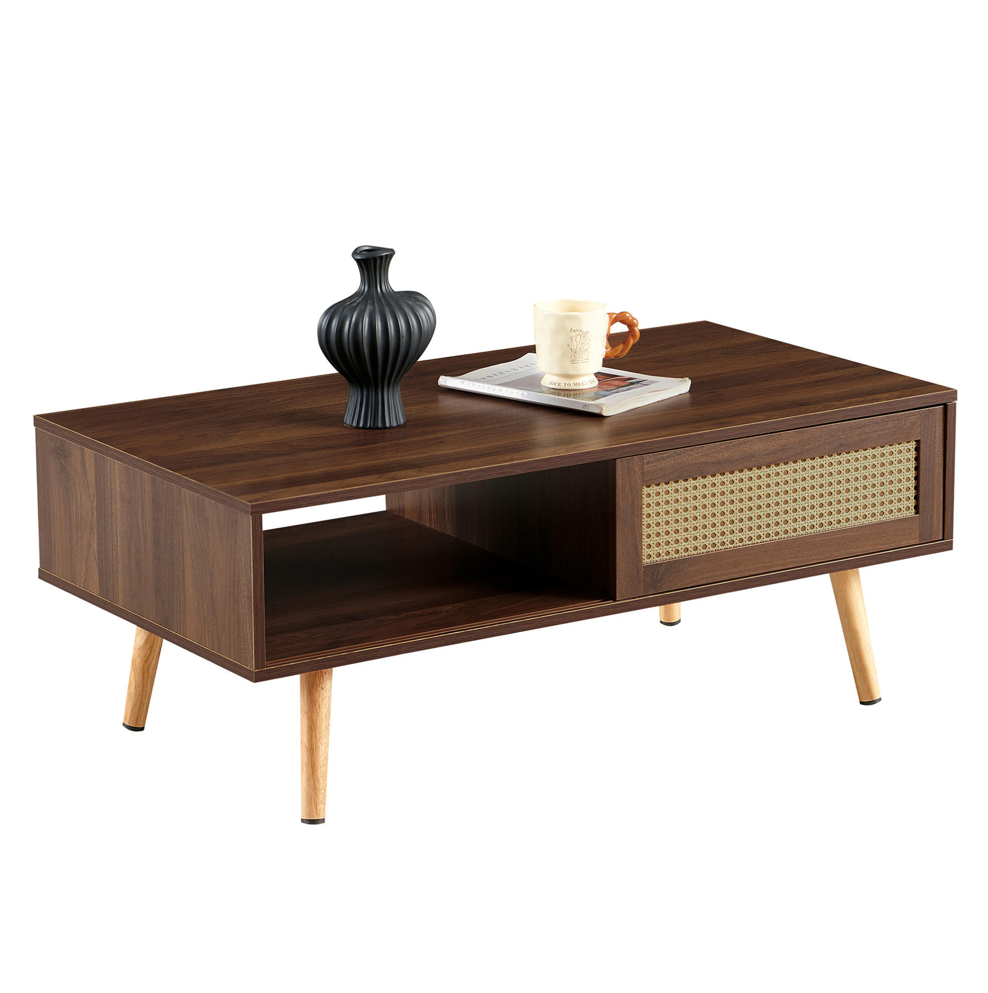 KONFERENČNÍ stolek z MDF a ratanu, 105/55/40 cm hnědý, s posuvnými dvířky - hnědá, kompozitní dřevo (105/55/40cm) - BEAOK