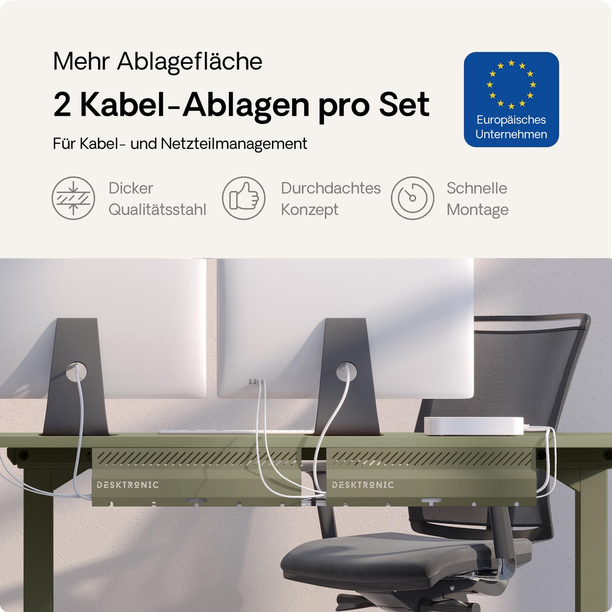 KABELKANAL Schreibtisch Grün, 2x43cm, Hochwertiger Stahl - Grün, Metall (43/12/10cm) - Desktronic