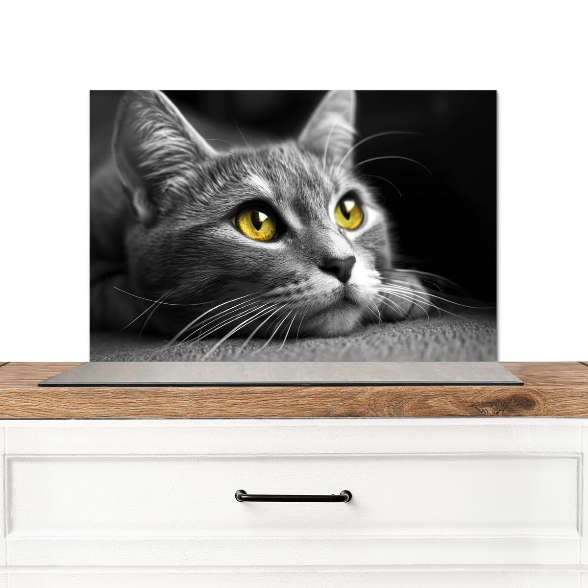 SPRITZSCHUTZ KÜCHE Katze - Grau - Tiere - Katze 70x50 cm - Grau, Metall (70/0.3/50cm) - MuchoWow