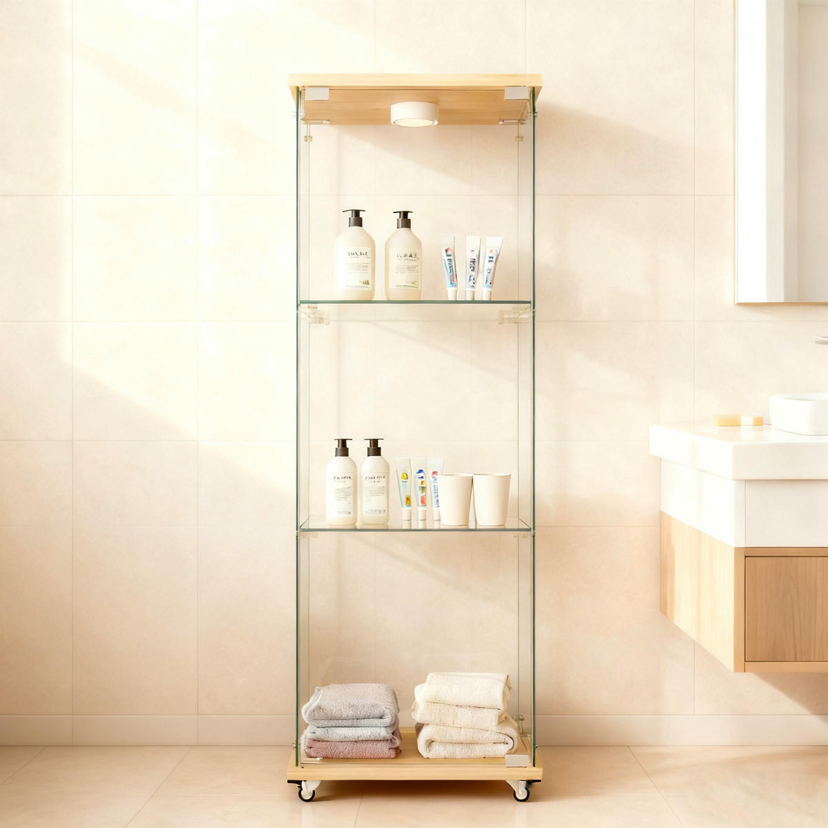 GLASVITRINE 36,5/42,5/120 cm naturfarben aus MDF und Glas mit LED-Beleuchtung - Naturfarben, Holzwerkstoff (42.5/120/36.5cm) - OKWISH