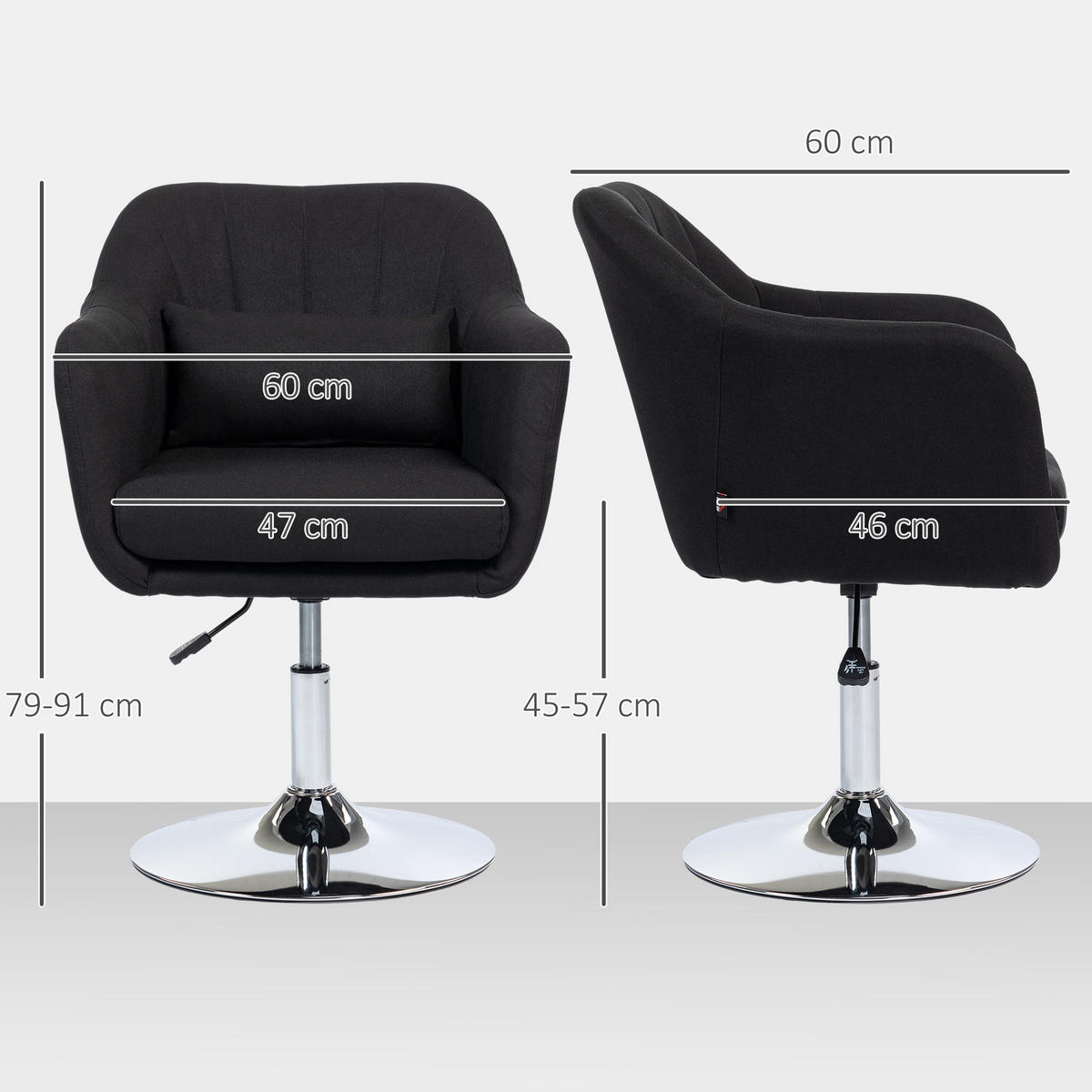 DREHSTUHL Polyester Leinenoptik höhenverstellbar, 360° drehbar 60/60/79-91 cm Schwarz - Schwarz, Textil (60/91/60cm) - Redom