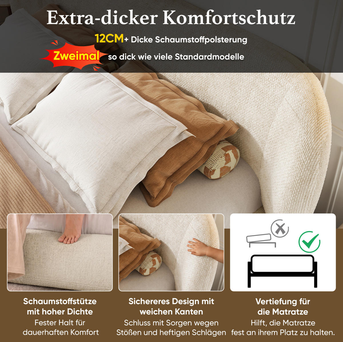 POLSTERBETT aus Chenille 160x200 cm Beige mit Lattenrost und gepolstertem Kopfteil - Beige, Textil (160/200cm) - Modfu