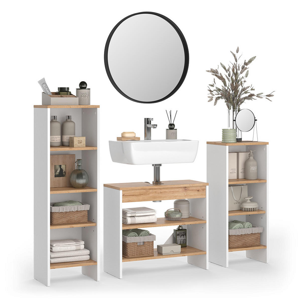 SET KUPAONSKOG NAMJEŠTAJA Karli, Bijela /Hrast zlatnog tona, 3 dijela - bijela/hrast medunac, drvni materijal (131.4/108.2/26.3cm) - Vicco