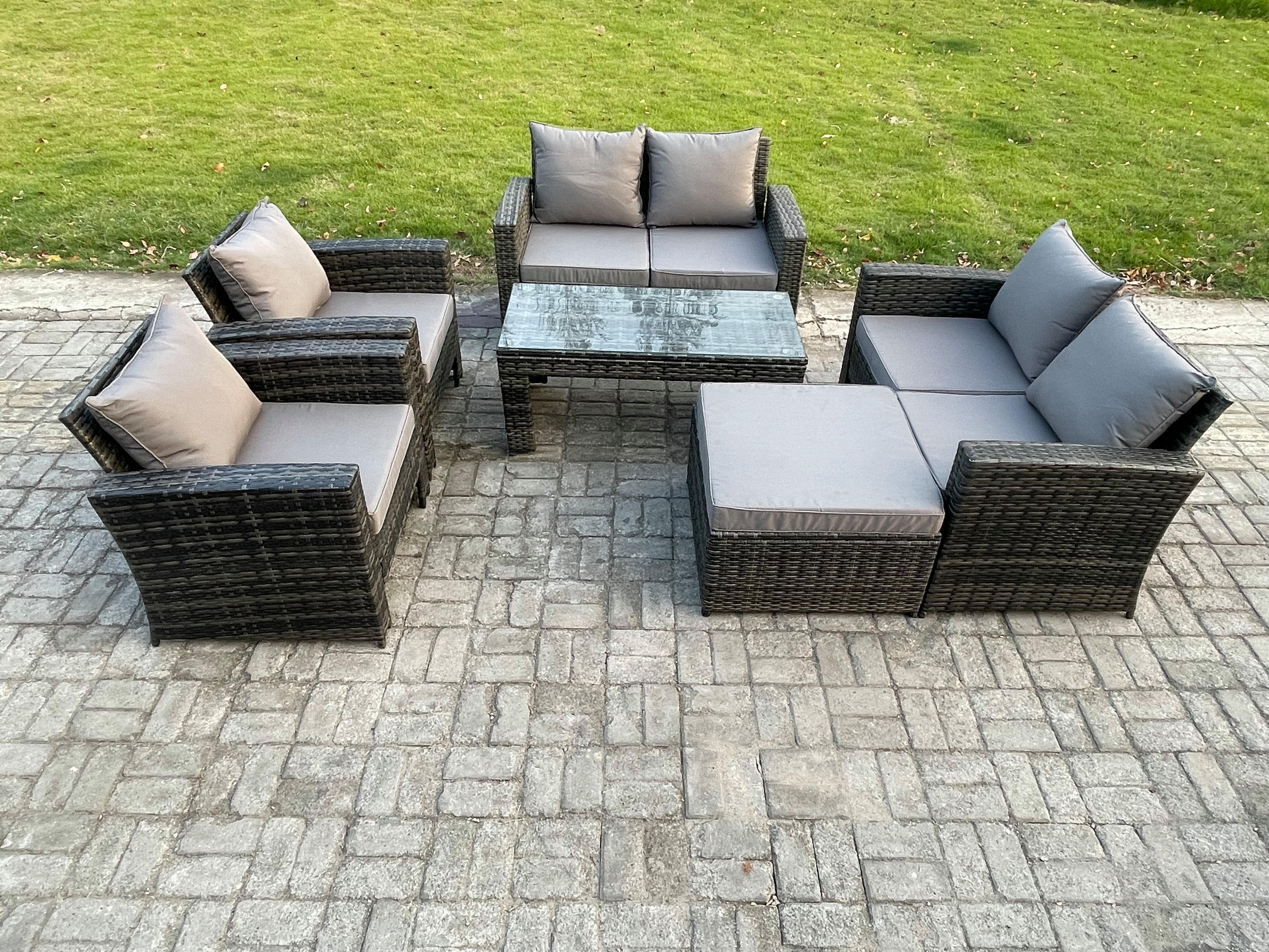 GARTENMÖBEL-SET mit Kissen Polyrattan Dunkelgrau 7-Sitzer - Dunkelgrau, Metall - Fimous