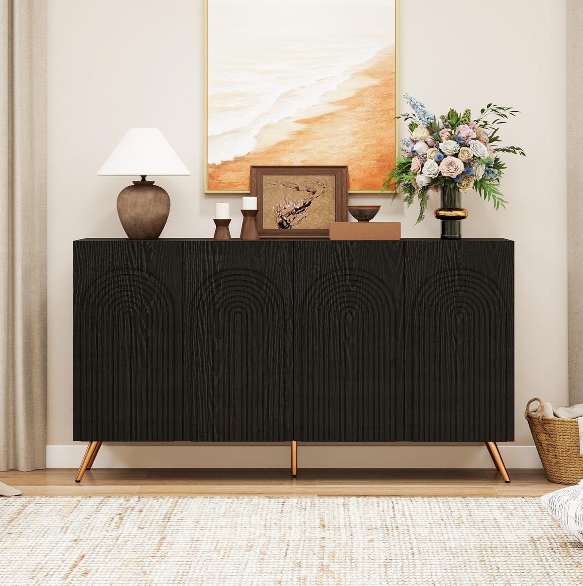 SIDEBOARD in Schwarz im Mid-Century-Stil mit 3D-Rillen & verstellbaren Einlegeböden - Schwarz, Holzwerkstoff (150/83/38cm) - BEAOK
