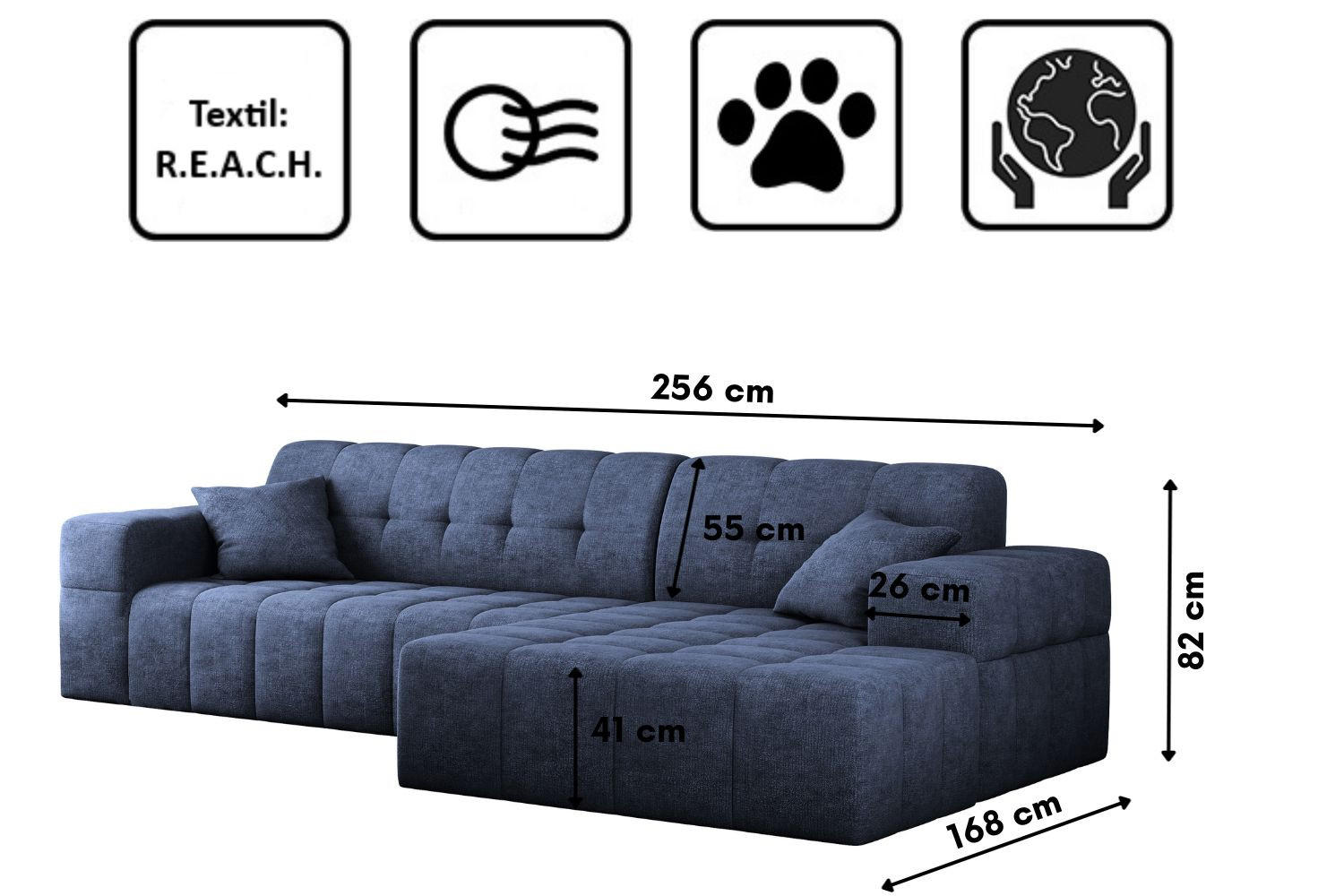ECKSOFA NIMES Stoff Perfect Harmony Dunkelblau Rechts - Dunkelblau, Holz/Kunststoff (265/168cm) - Kaiser Möbel