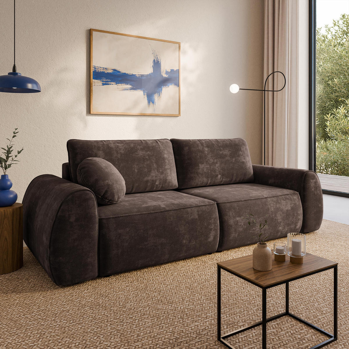 BETTSOFA ZEFEO Braun Chenille-Stoff mit Schlaffunktion - Braun, Textil (264/96/106cm) - MASSENO