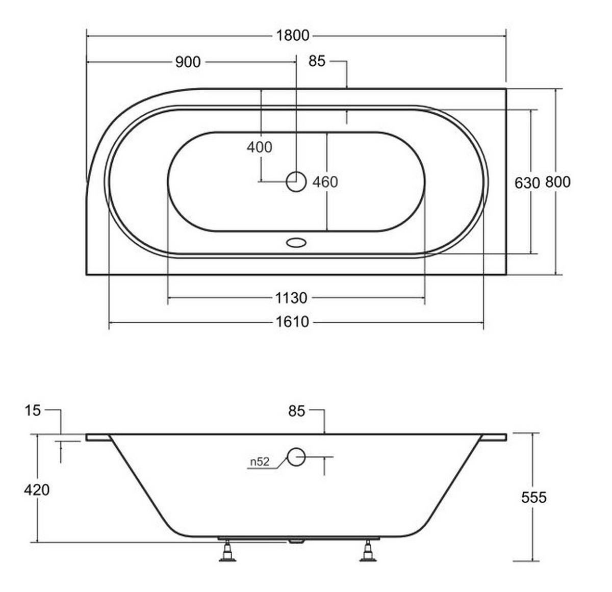 BADEWANNE Eckwanne AVITA SLIM 180/80 Links mit Styro Ablage 4cm Ablauf Füße - Weiß, Kunststoff (80/55.5/180cm) - bad land