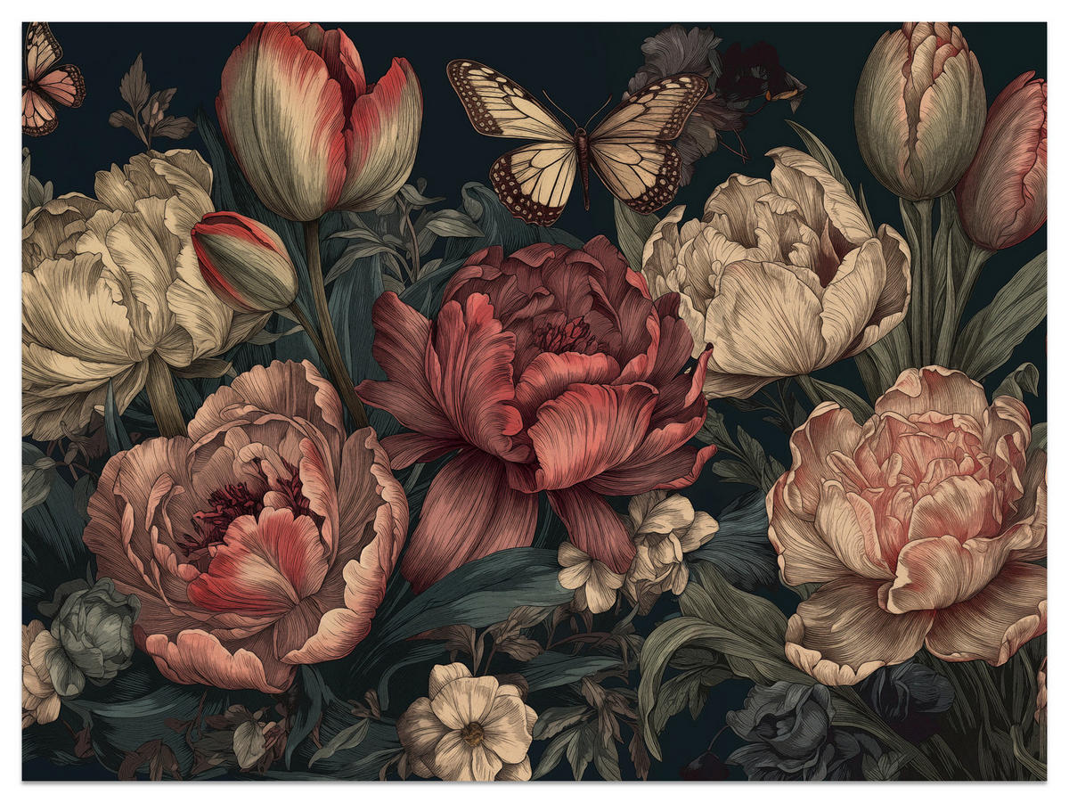 FOTOTAPETE für Schlafzimmer Pfingstrosen Tulpen Vintage Blumen Rosa Natur 350x256 - Gelb/Beige, Papier (350/256cm) - Muralo