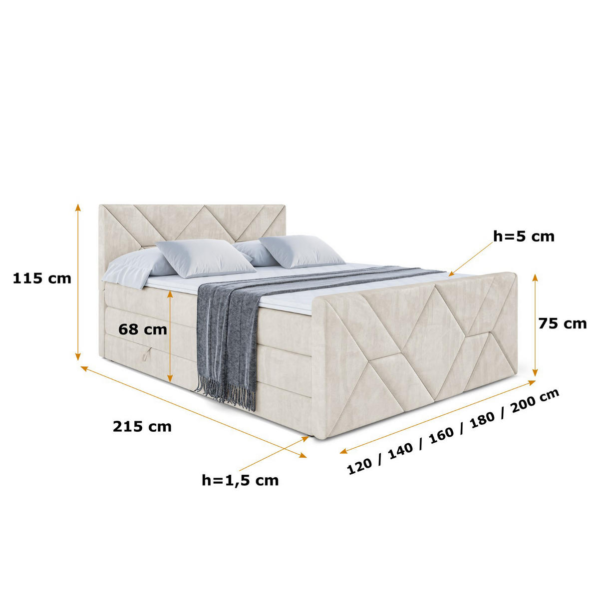 BOXSPRINGBETT BARWA-Z KING - 120x200 - H3/H4 - Creme - Creme, Holzwerkstoff (120/200cm) - ALTDECOR