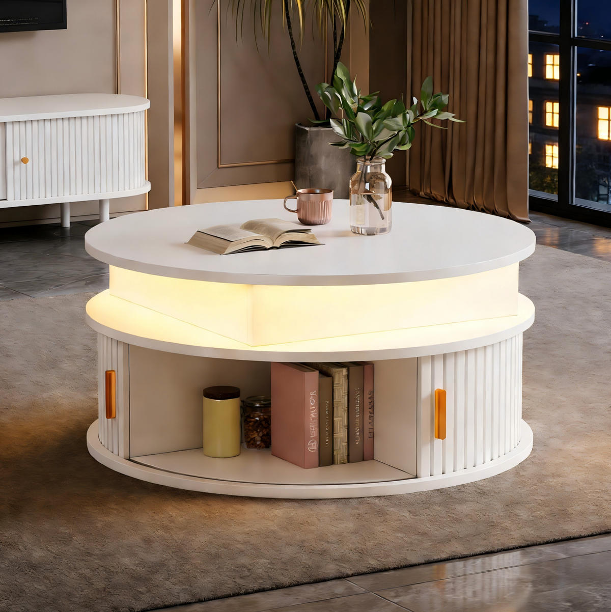 KULATÝ konferenční stolek 75 cm bílý z MDF s LED osvětlením a výškovým nastavením - bílá, kompozitní dřevo (75/75/52cm) - OKWISH