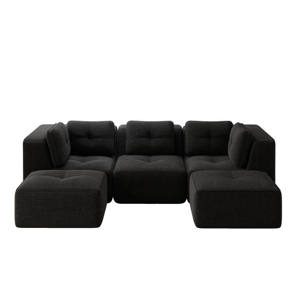 3-SITZER Sofa 297x177x69 cm aus Cordstoff rahmenlos modular mit 2 Ottomans, schwarz - Schwarz, Textil (177/69/297cm)