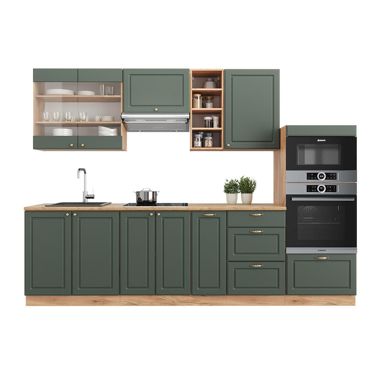 KÜCHENZEILE Fame-Line Grün-Gold Landhaus/Goldkraft Eiche 280 cm ohne AP - Honigeiche/Grün, Holzwerkstoff (280/81.6/46cm) - Vicco