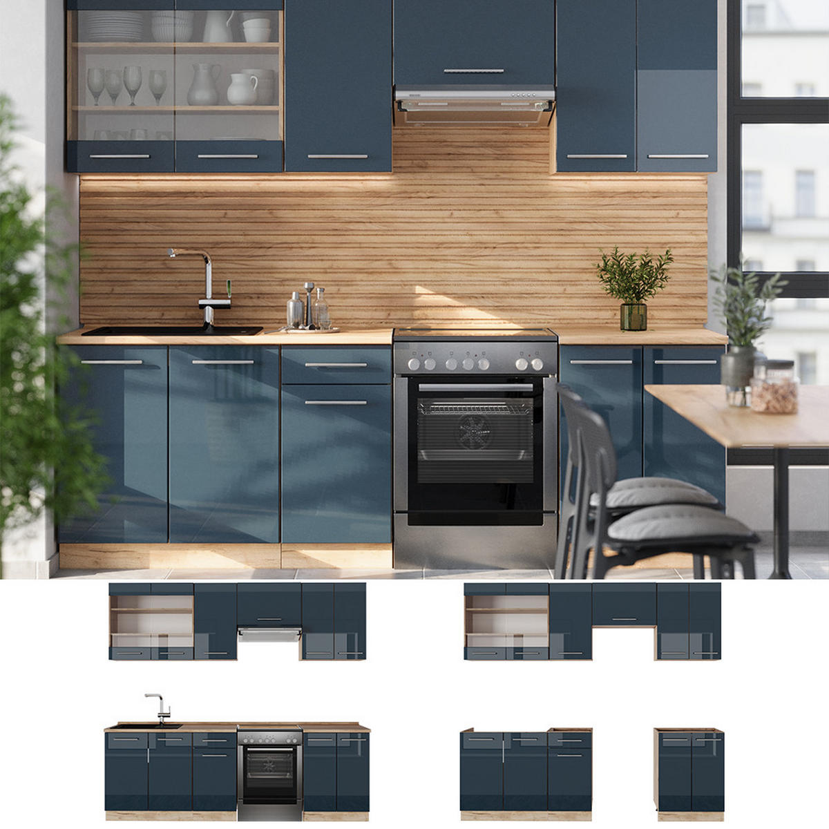 KÜCHENZEILE Fame-Line Dunkelblau Hochglanz/Goldkraft Eiche 240 cm AP Anthrazit - Eiche Wotan/Dunkelblau, Holzwerkstoff (240/81.6/60cm) - Vicco