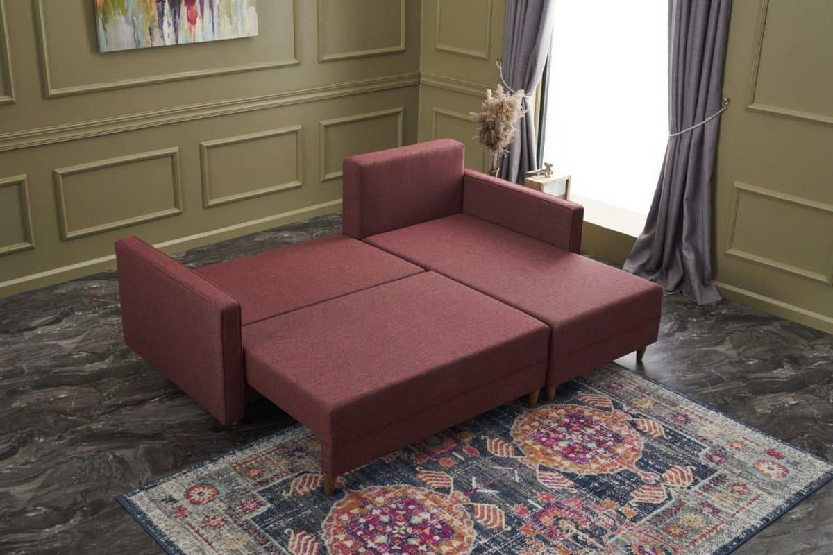 ECKSOFA mit Schlaffunktion, 215 cm Gesamtbreite - Rot/Braun, Holz/Buchenholz (150/215cm) - myHomelando