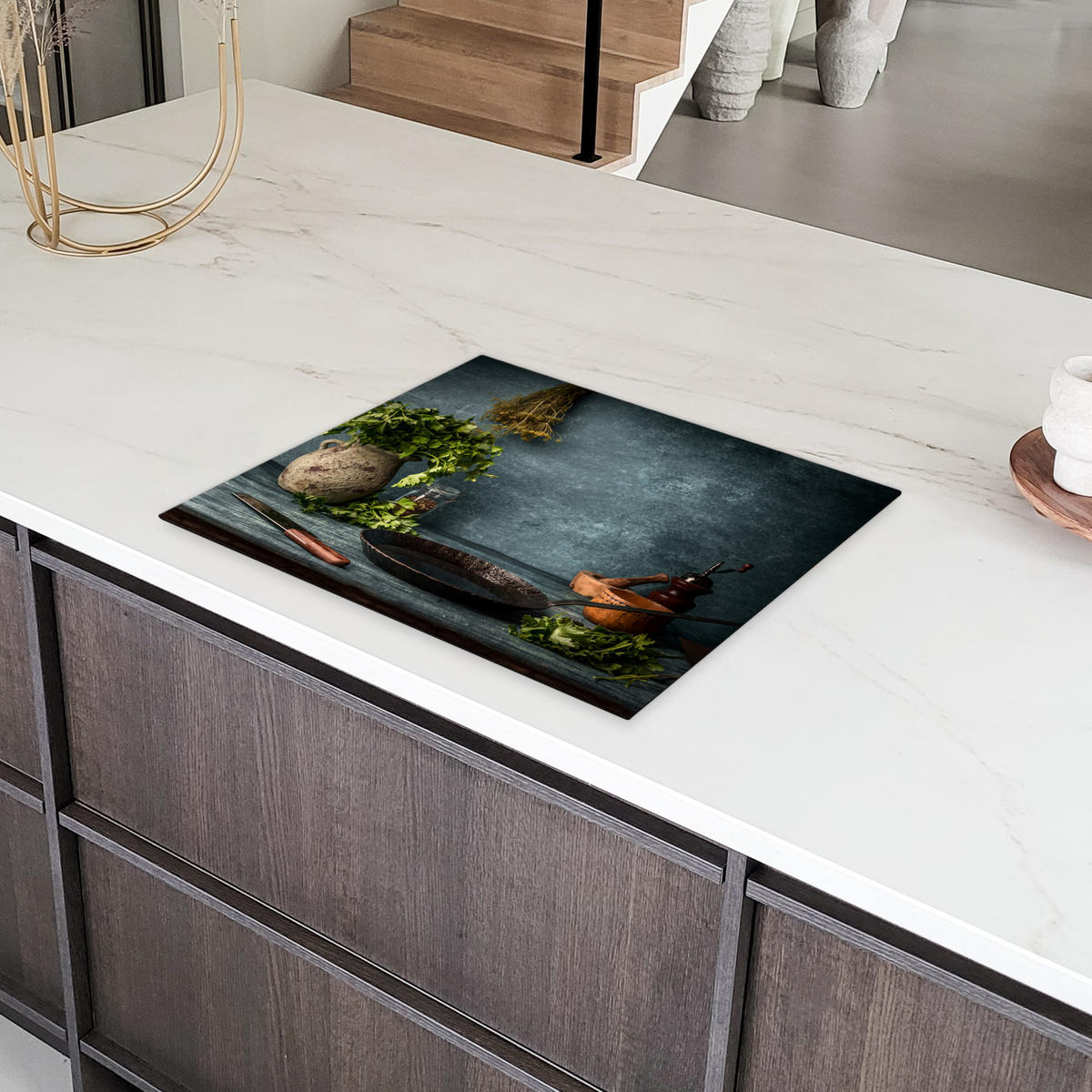 HERDABDECKPLATTE Kräuter - Gewürze - Pfanne - Messer - Grau - Rustikal 65x52 cm - Petrol, Kunststoff (65/0.2/52cm) - MuchoWow