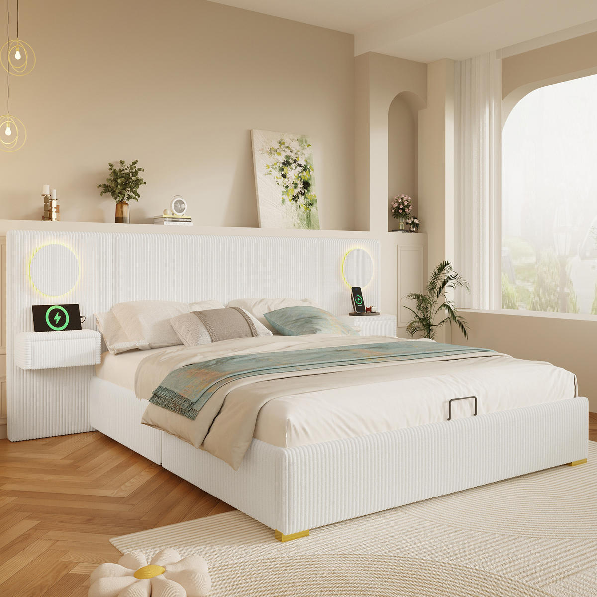 POLSTERBETT 180x200 cm in Beige mit LED-Kopfteil, USB-Anschlüssen und Stauraum - Beige, Textil (180/200cm) - IVMEU