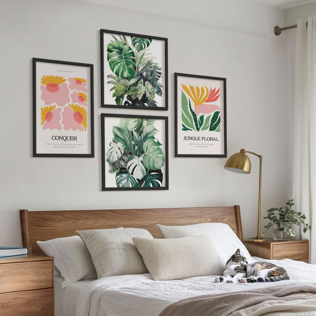 BILDER SET 4er Set - 50x50 cm & 40x60 cm Schwarzer Rahmen - Blumen und Blätter – moderne Poster - Schwarz, Kunststoff (50/50cm) - TULUP
