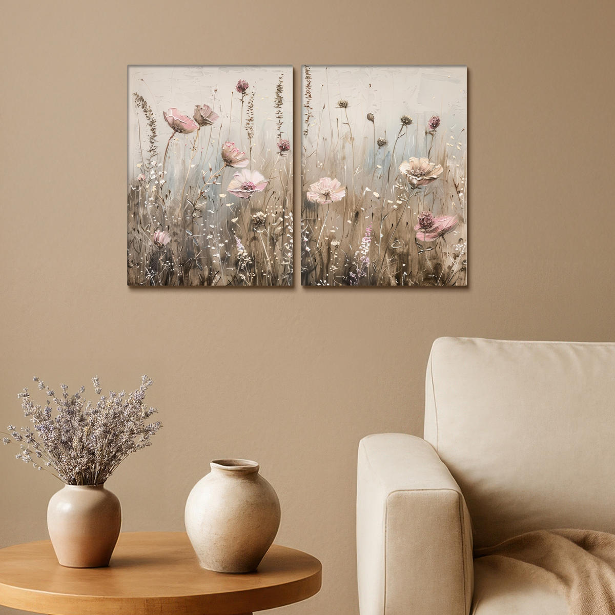 LEINWANDBILD 2er Set Blumen - Beige - Modern - Rosa 60x40 cm - Ecru, Textil (60/40cm) - MuchoWow