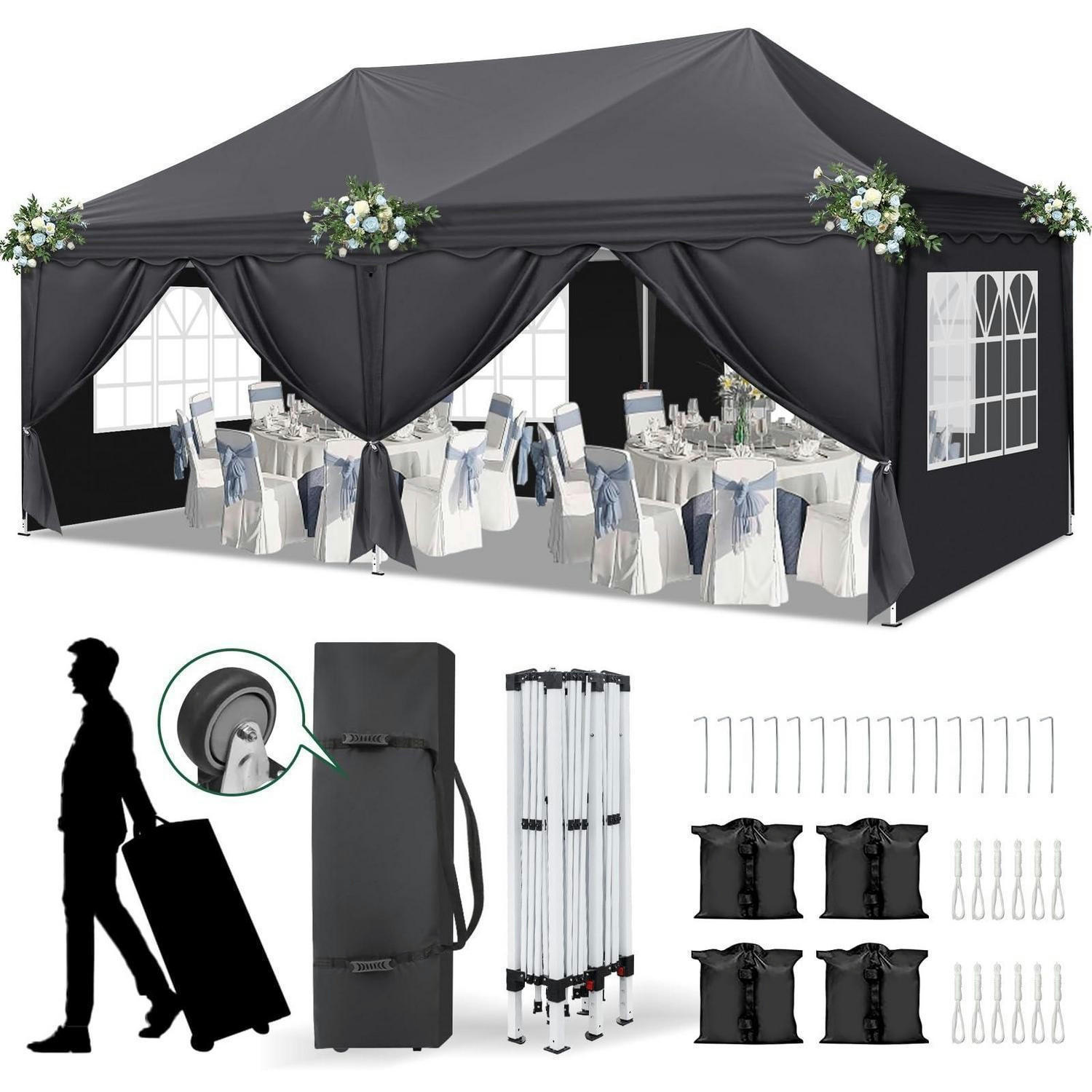 FALTPAVILLON 3 x 6 m Dunkelgrau mit Seitenwänden und Sandsäcken - Anthrazit, Textil (300/268/600cm)