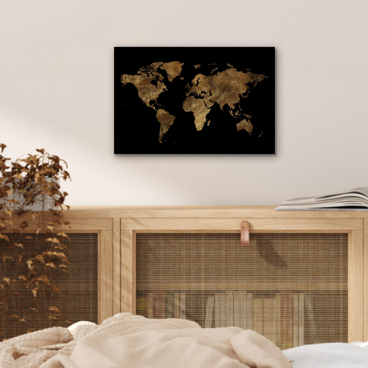 KOVOVÝ OBRAZ Mapa sveta - Zlato - Luxus - Zem - Čierna 30x20 cm - zlatá, kov (30/20cm) - MuchoWow