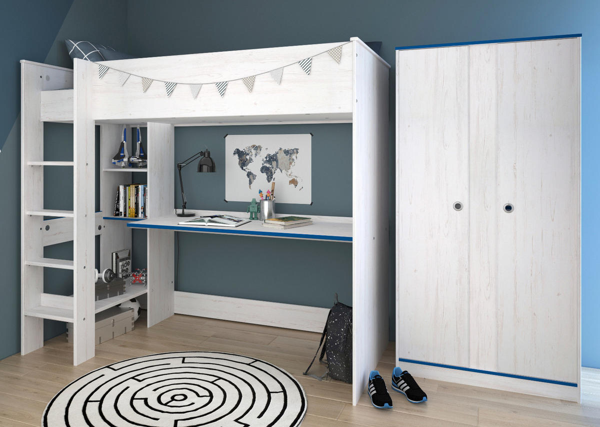 JUGENDZIMMER Set Hochbett 90x200 Schreibtisch Kleiderschrank - Blau/Weiß, Holz/Holzwerkstoff (206/182/108cm) - Parisot Meuble