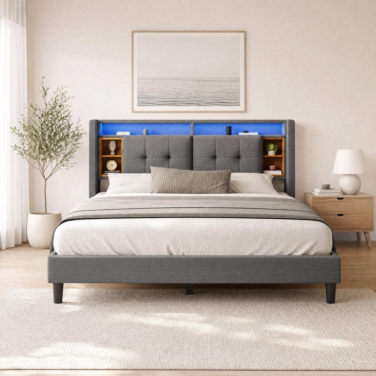 POLSTERBETT 160/200 mit Bettkasten, LED und USB in Grau - Grau, Holzwerkstoff/Textil (160/200cm) - EVRYAE