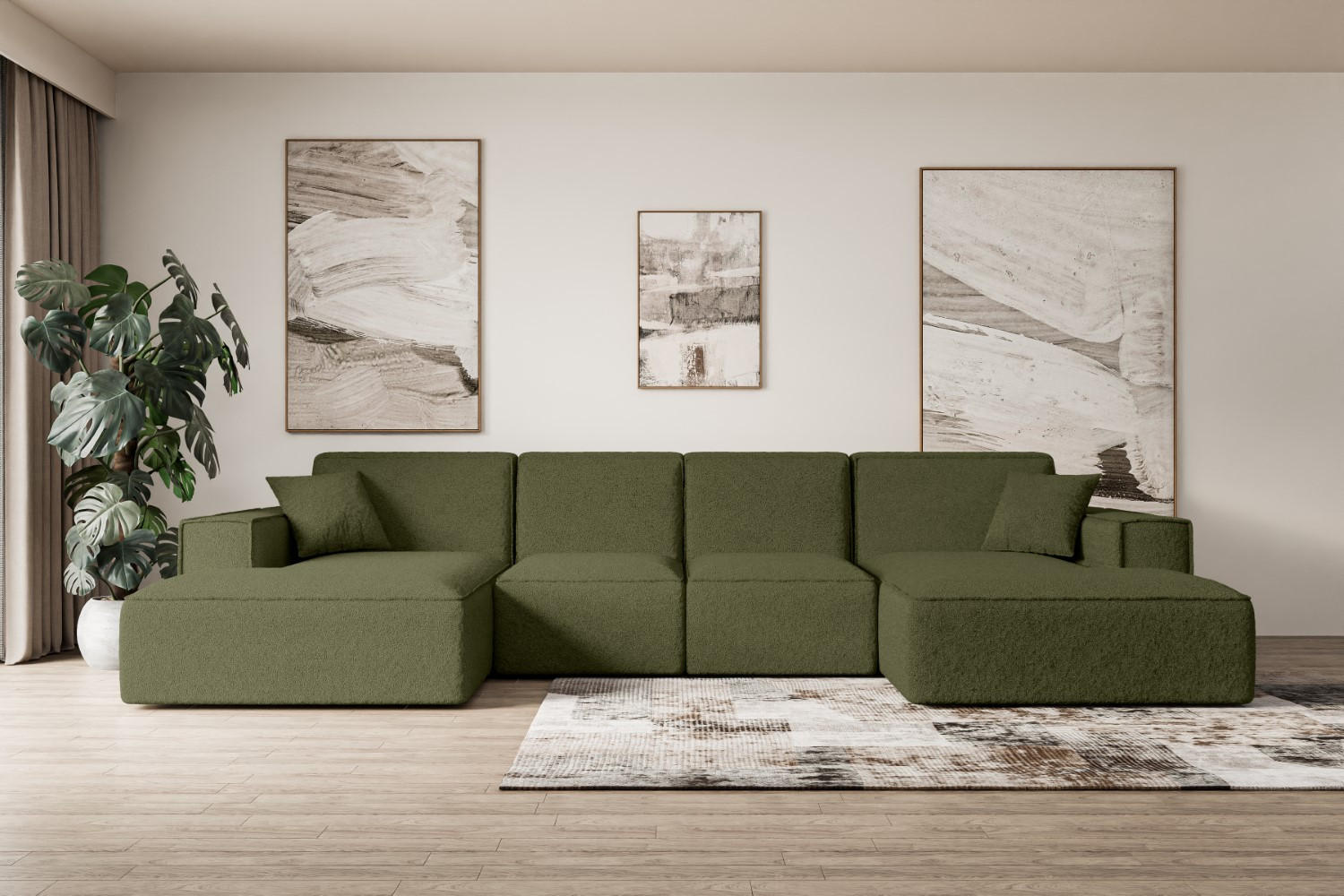 WOHNLANDSCHAFT SIERRA-U - 344x165x73 cm Grün Bouclé - Schwarz/Grün, Holzwerkstoff/Kunststoff (344/73/165cm) - ALTDECOR