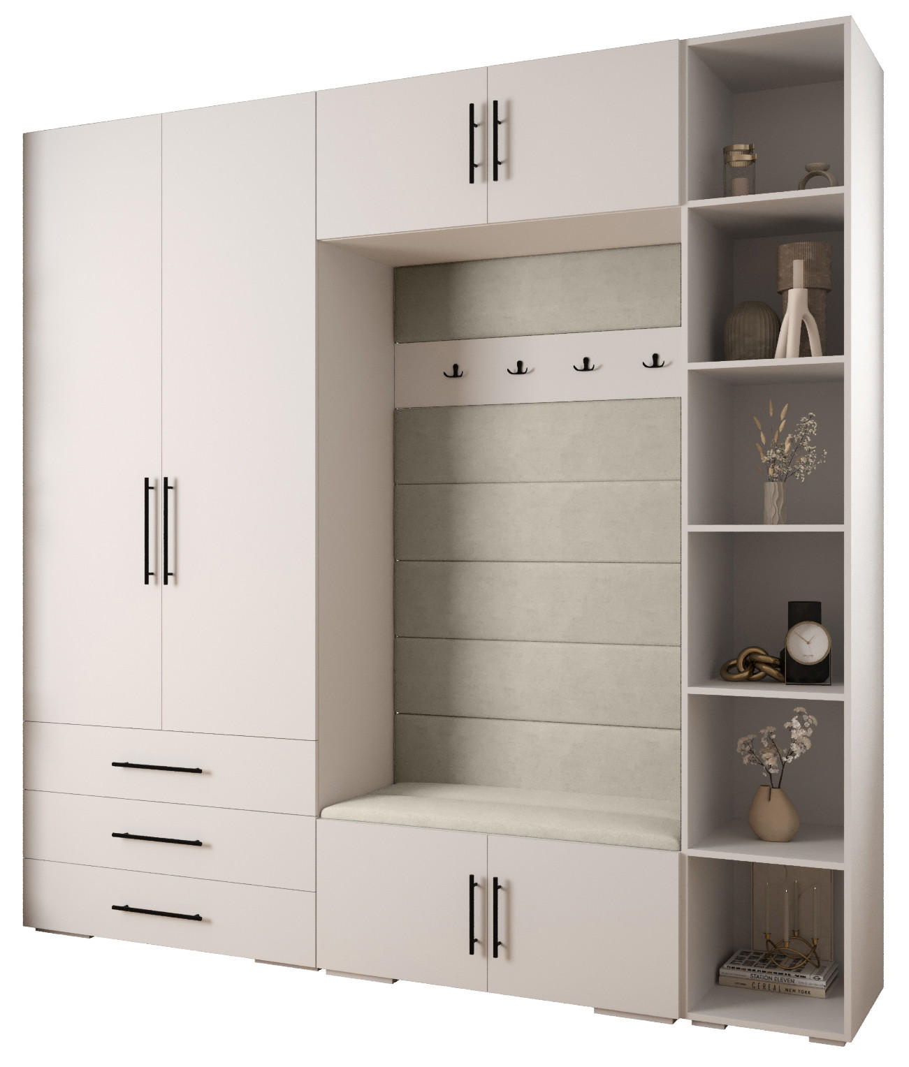 Abiks Möbel Garderoben-Set Weiß, Beige, Schwarz 240x236.7x47 cm
