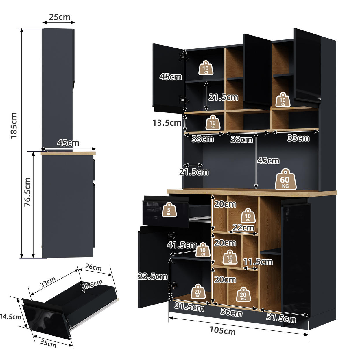 BUFFET 105/45/185 cm aus MDF mit Hochglanzfronten und offenem Stauraum Schwarz/Naturfarben - Schwarz, Holzwerkstoff (105/185/45cm) - Modenvie