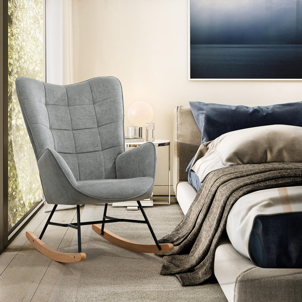 RELAXSESSEL für den Garten mit Schaukelfunktion, Ergonomische Sitzfläche aus weichem Stoff, Grau - Grau, Holz/Textil (66/97/84cm) - Meubles Cosy