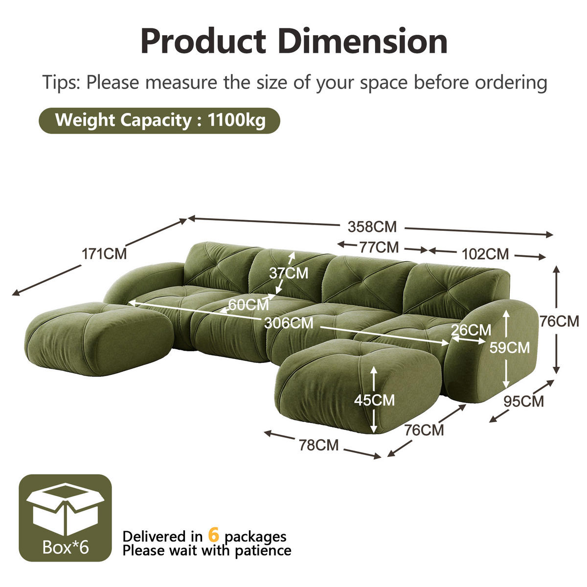 WOHNLANDSCHAFT Chenille Grün mit 2 Hocker - Grün, Textil (358/76/171cm) - WISHDOR