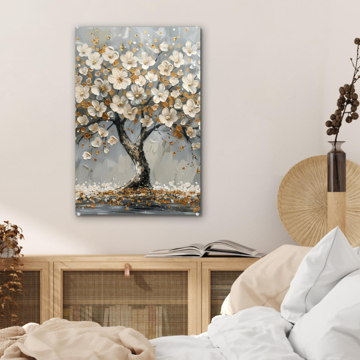 ACRYLGLASBILD Baum - Blumen - Weiß - Natur - Kunst 40x60 cm - Weiß, Glas (40/60cm) - MuchoWow