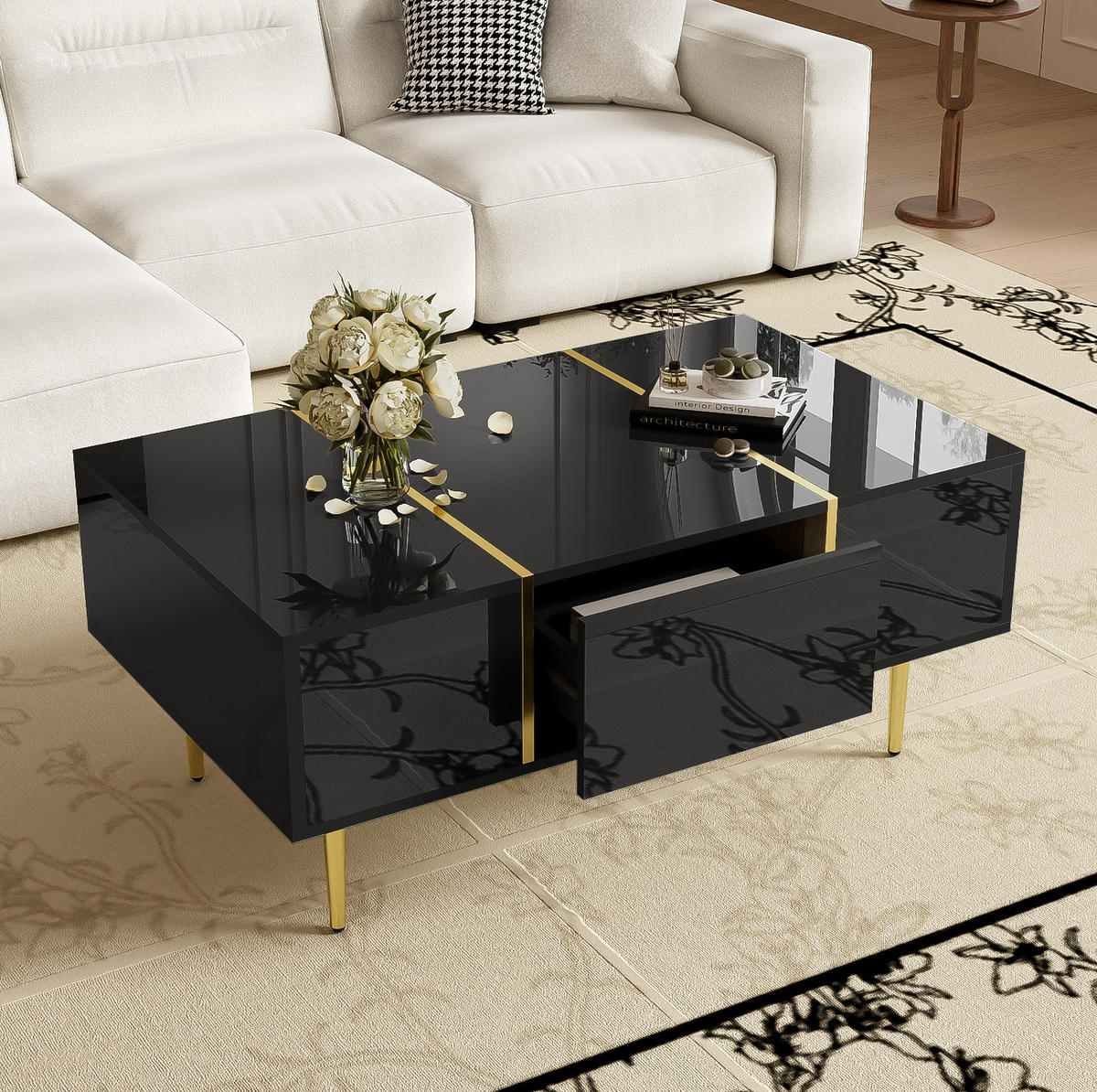 COUCHTISCH 100/60/41,5 cm mit 2 Schubladen, Hochglanz-Design und goldfarbenen Metallelementen, Schwarz - Schwarz, Holzwerkstoff (100/60/41.5cm) - Redom