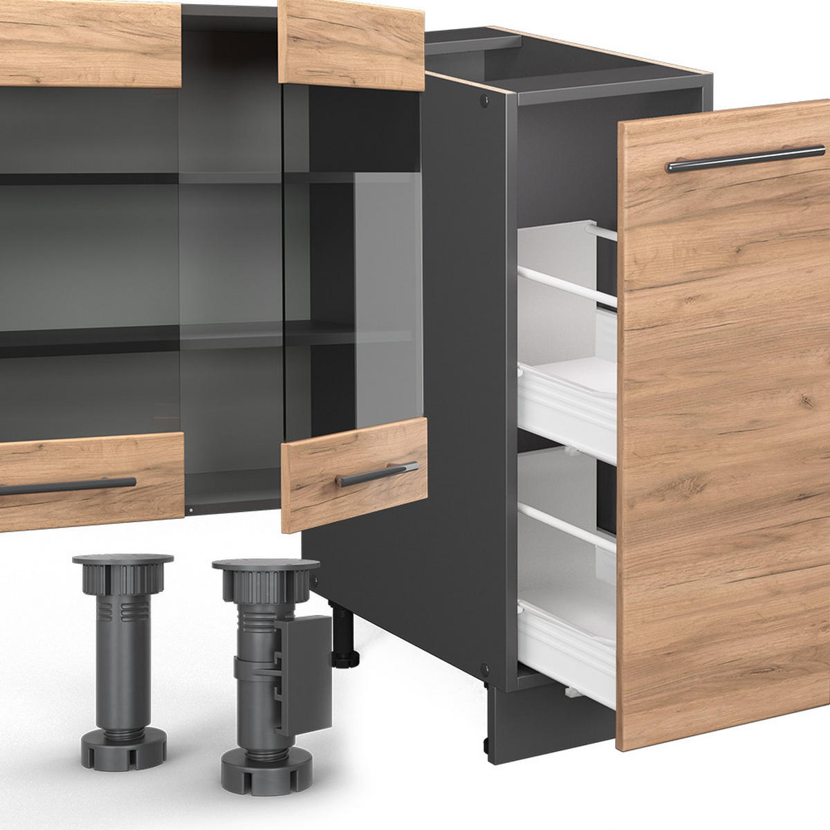 KÜCHENZEILE Fame-Line Goldkraft Eiche/Anthrazit 280 cm, AP Marmor - Anthrazit/Eiche Wotan, Holzwerkstoff (280/81.6/60cm) - Vicco