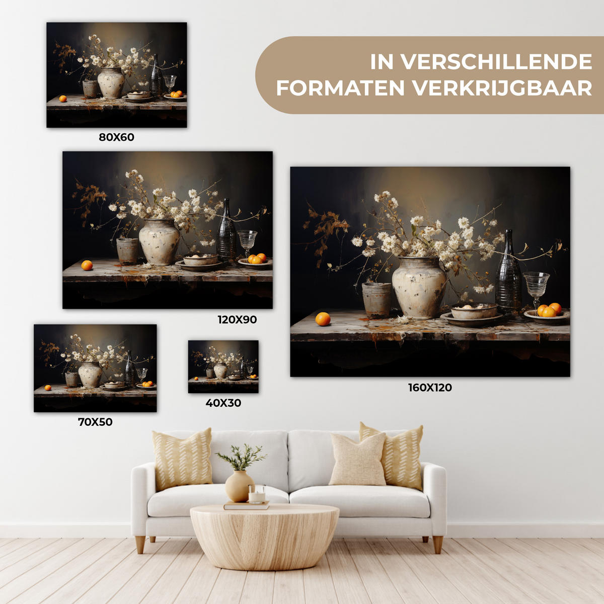 LEINWANDBILD Stilleben - Blumen - Blumenstrauß - Vase - Wein Wandbild 40x30 cm - Schwarz, Textil (40/30cm) - MuchoWow