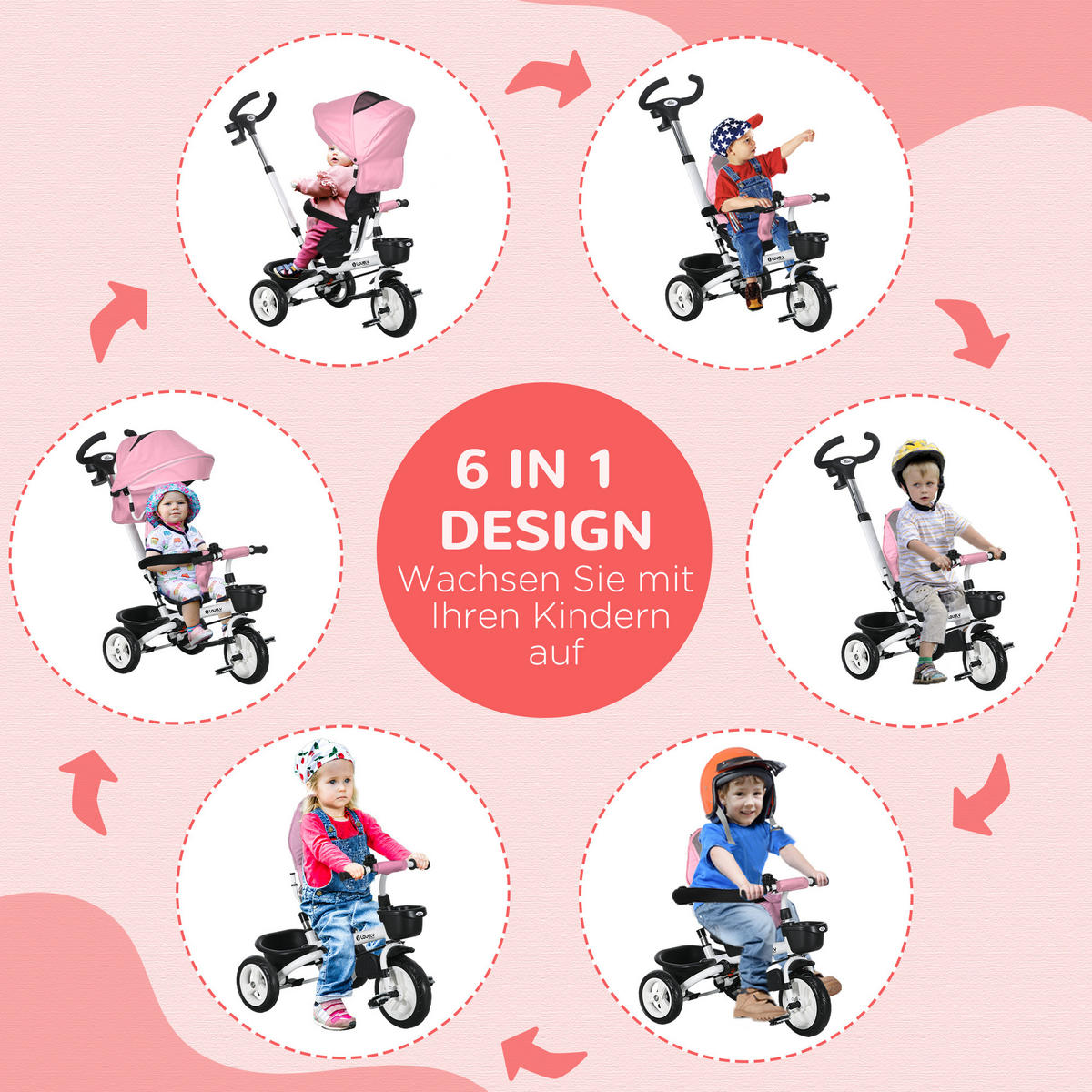 6 in 1 Dreirad mit Schubstange, Kinderdreirad mit Sicherheitsgurt, Sonnendach - Rosa, Metall (112/50/104cm) - HOMCOM