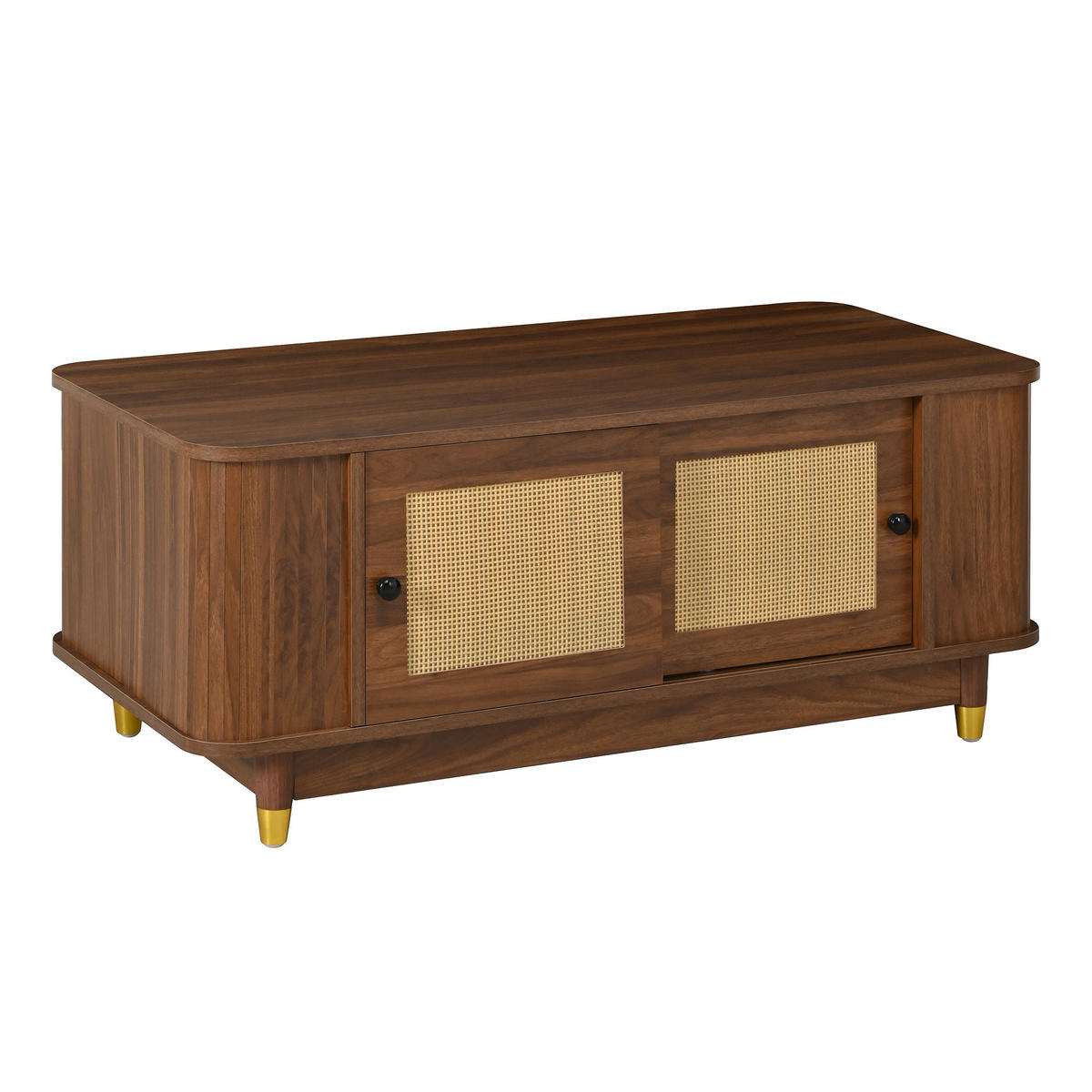 COUCHTISCH Wohnzimmertisch mit Rattan-Schiebetüren, Stauraum, abgerundeten Kanten, MDF, Nussbaum - Braun, Holzwerkstoff (100/50/42cm) - EVRYAE
