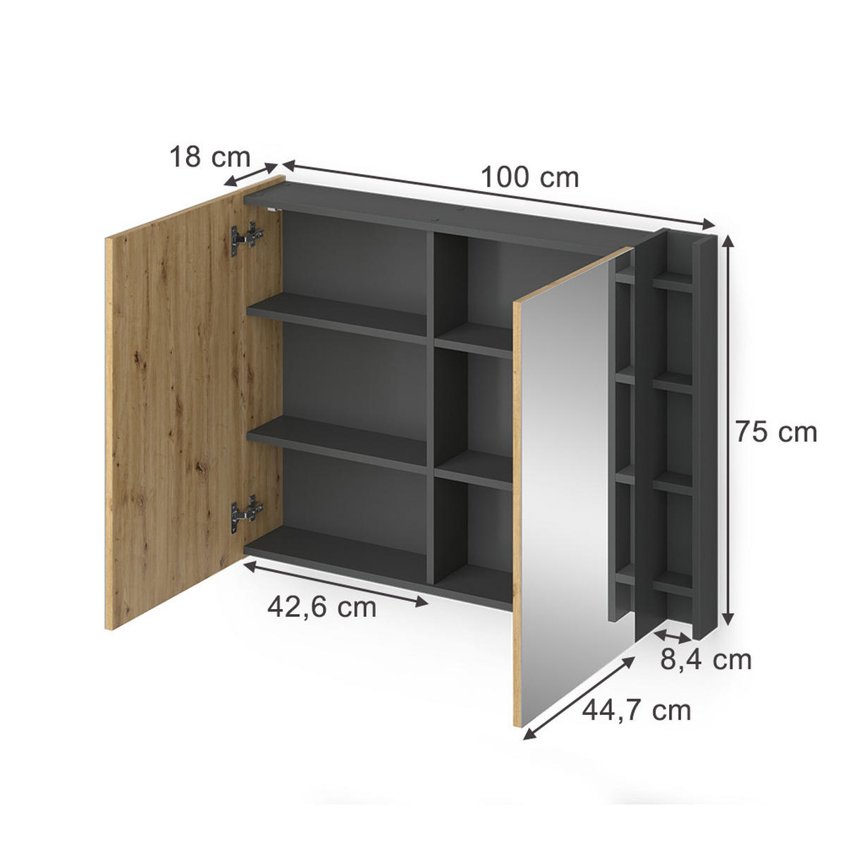 KOUPELNOVÁ ZRCADLOVÁ SKŘÍŇKA Edelin Artisan - antracitová, kompozitní dřevo (100/75/18cm) - Vicco