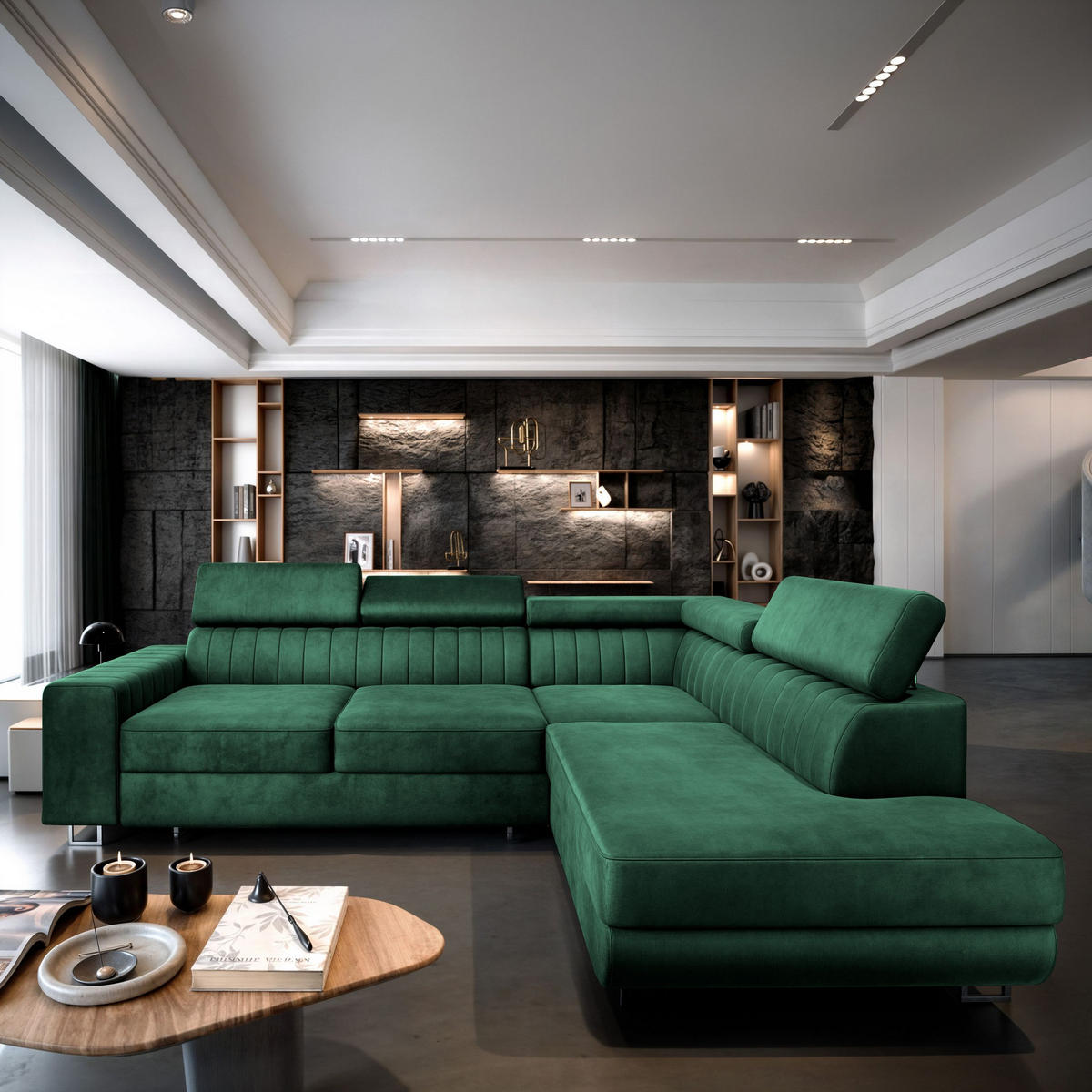 ECKSOFA NOLA R-S Grün Velours-Stoff mit Schlaffunktion - Grün, Holz (253/190cm) - MASSENO