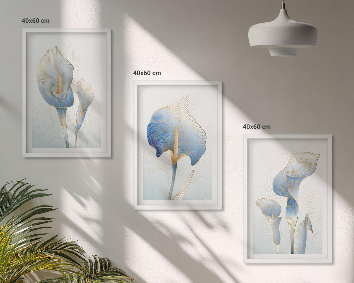BILDER SET 3er Set - 40x60 cm Weißer Rahmen - Blaue Blumen im Hintergrund - Weiß, Kunststoff (40/60cm) - TULUP