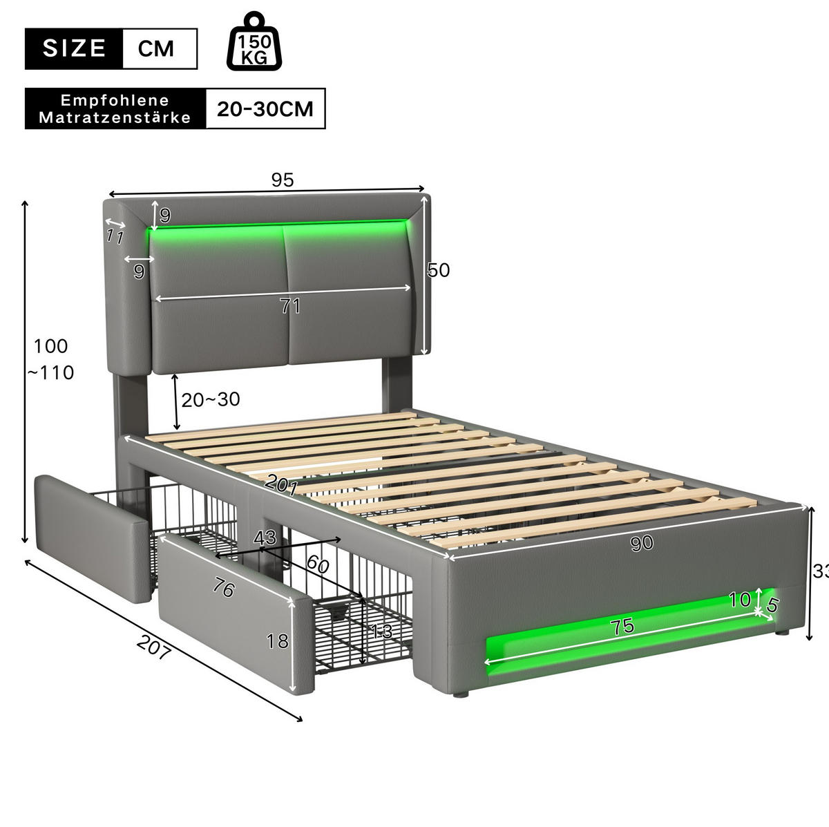 POLSTERBETT 90/200 cm Grau mit LED-Beleuchtung, USB-Ladefunktion und 4 Schubladen - Grau, Kunststoff (90/200cm) - Flora Grace