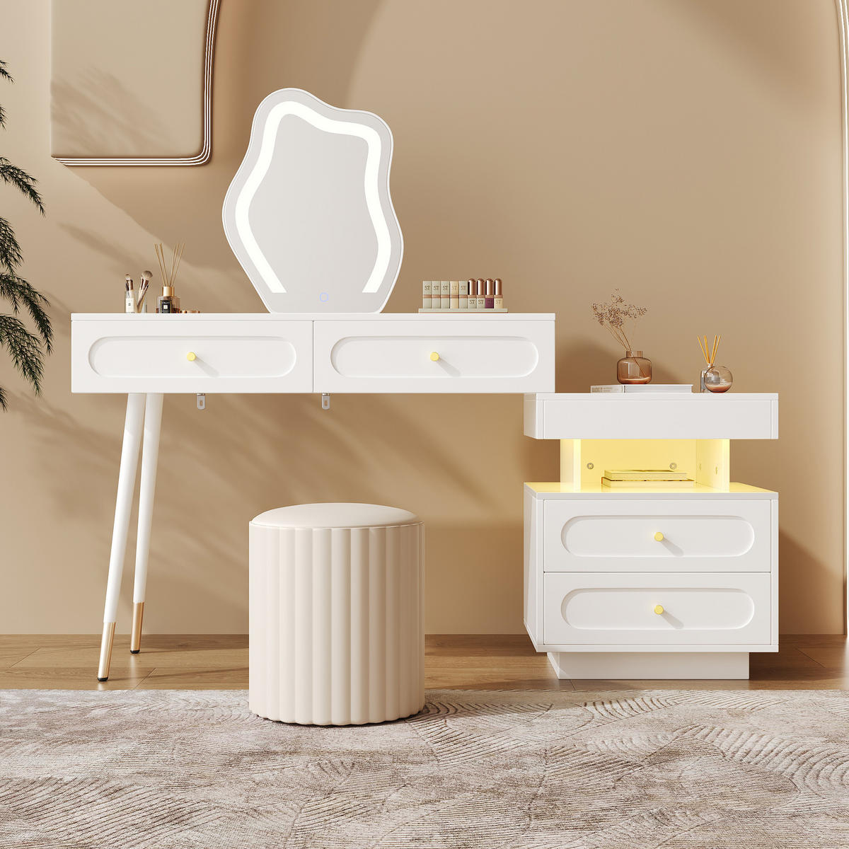 SCHMINKTISCH in Weiß Frisiertisch mit LED-Spiegel, 4 Schubladen & offenem Fach, für Schlafzimmer und Ankleidezimmer, B140/T40/H130cm - Weiß, Holzwerkstoff/Metall (140/130/40cm) - STILVORA