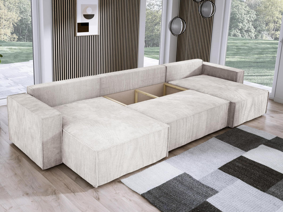 ECKSOFA Poso XXL U-förm, Schlaffunktion, weiche Kissen, Bettkasten, hochwertige Polsterung, lose Rückenkissen, freistehend, 377x143x83 cm White - Weiß, Holz/Textil (377/83/143cm) - DomoHome