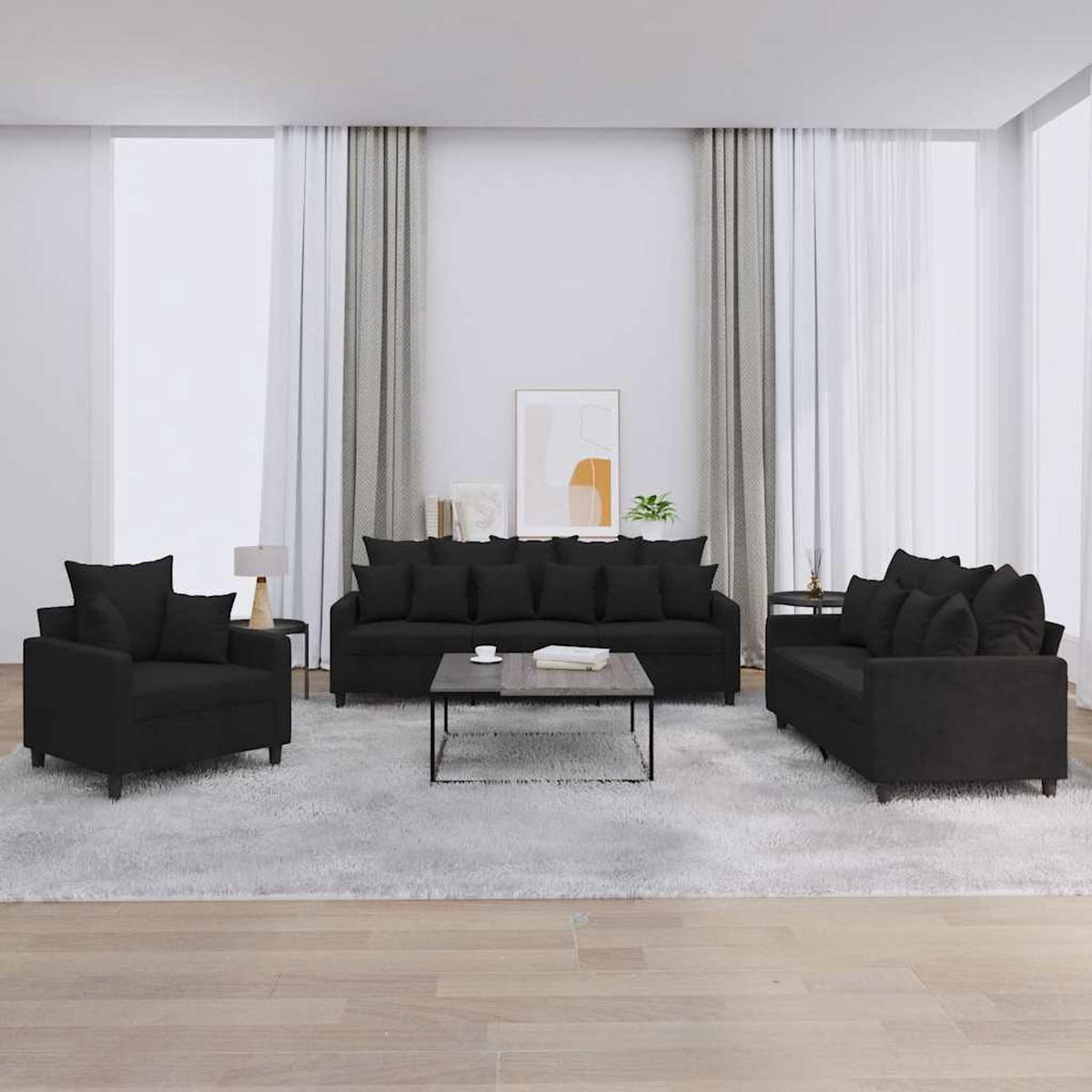SOFAGARNITUR 3-TLG. Mit Kissen Schwarz Samt - Schwarz, Naturmaterialen (77/80/198cm) - vidaXL