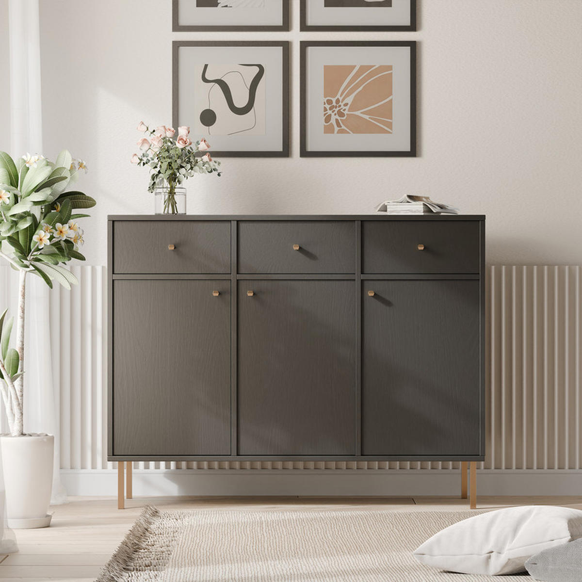 KOMMODE FLOW 124/41/95 cm, 3 Schublade(n), Schwarz - Schwarz, Holzwerkstoff/Metall (124.5/95/40.8cm) - Idohome