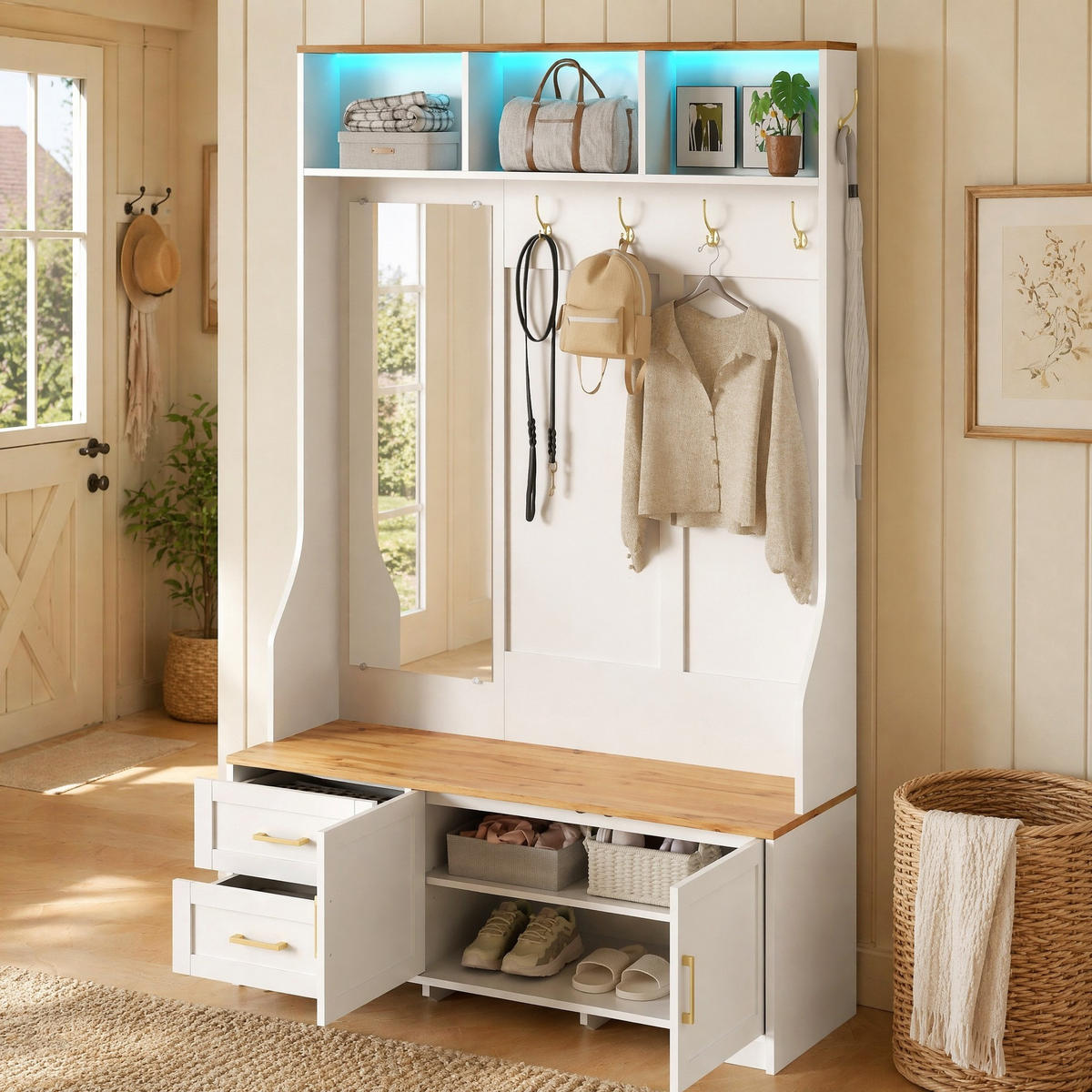 GARDEROBENSCHRANK 120/40/187 cm aus MDF mit LED-Beleuchtung und Spiegel Weiß/Holzfarben - Weiß, Holzwerkstoff (40/187/120cm) - Modenvie