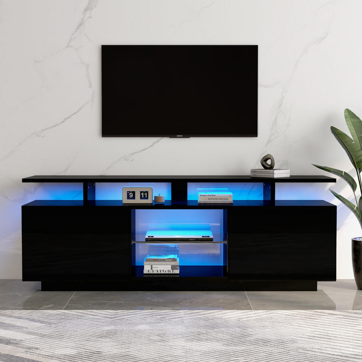TV-SCHRANK 140cm 16-Farben LED Hochglanz Glasfach Schwarz - Schwarz, Holzwerkstoff (35/55/140cm) - FLIEKS