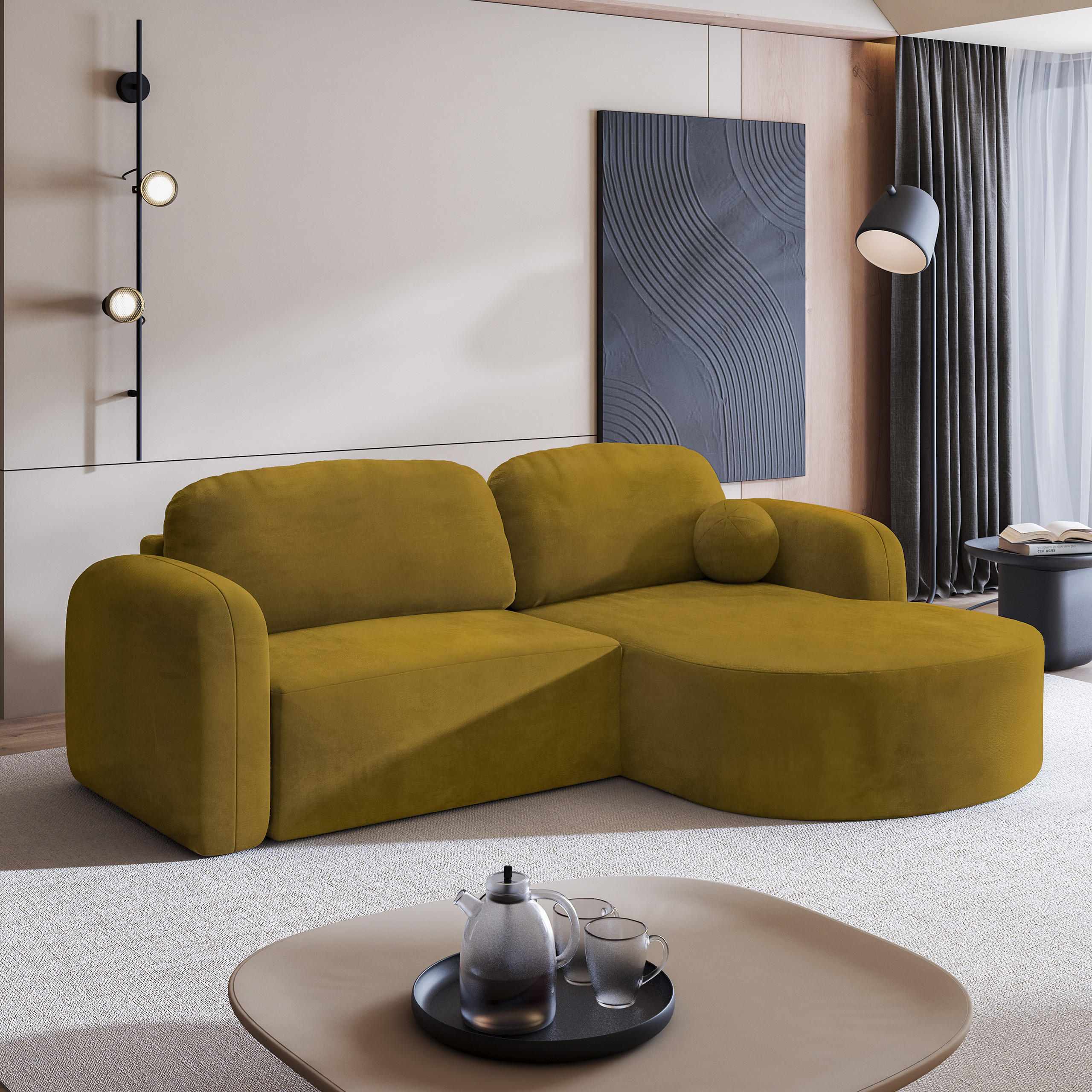 ECKSOFA AMILIA M R-S Gelb Velours-Stoff mit Schlaffunktion - Gelb, Holz (263/174cm) - MASSENO