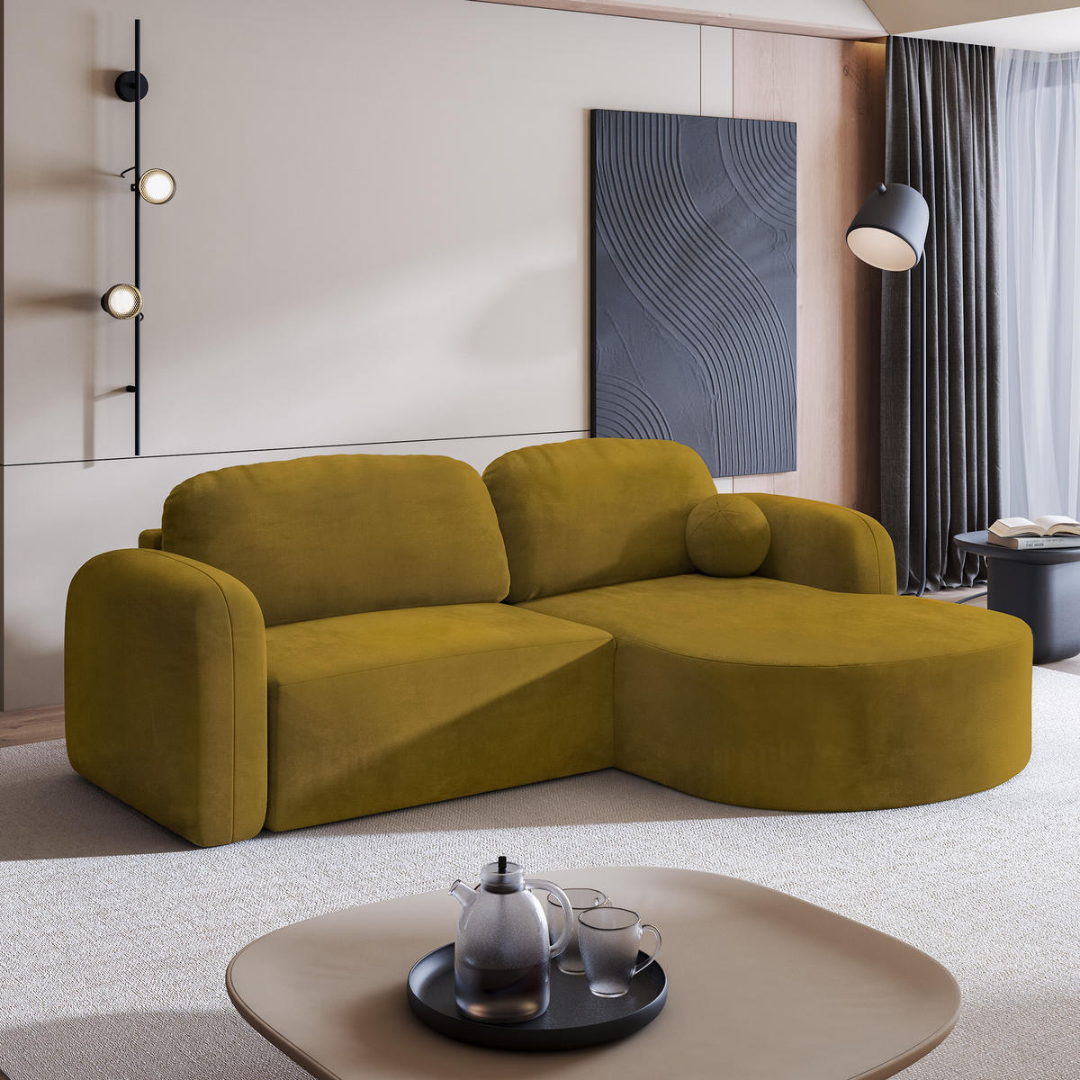 ECKSOFA AMILIA M R-S Gelb Velours-Stoff mit Schlaffunktion - Gelb, Holz (263/174cm) - MASSENO
